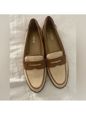 J. Crew Beige Canvas and Brown Leather Penny Loafers